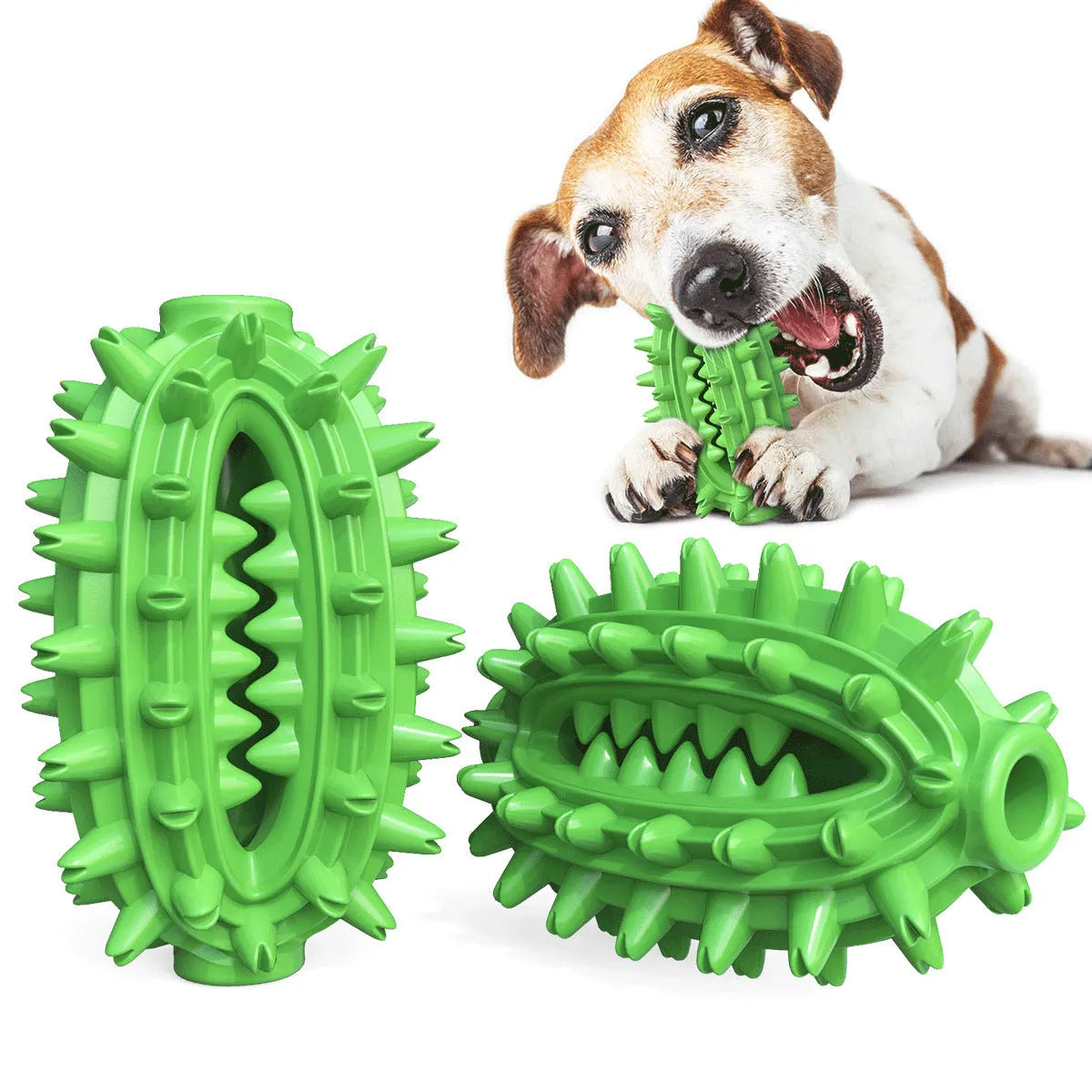 Green cactus-shaped dog toothbrush toy for dental cleaning, with bumps and central channel, on white background