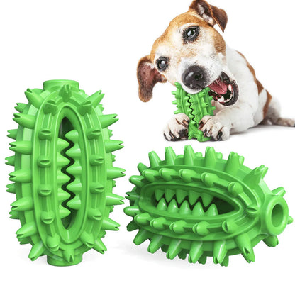 Green cactus-shaped dog toothbrush toy for dental cleaning, with bumps and central channel, on white background