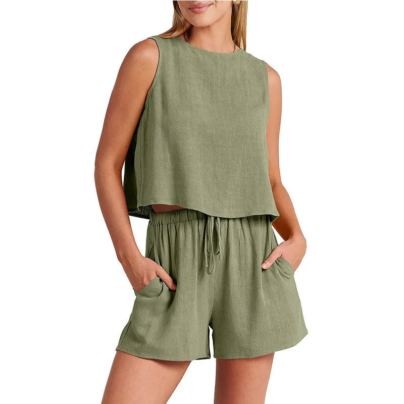 Women's summer two-piece set with sleeveless top and drawstring shorts in rayon linen blend.