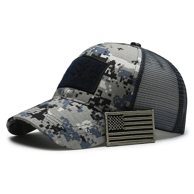 Tactical camouflage baseball cap with adjustable sizing and dome crown