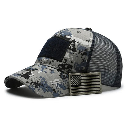 Tactical camouflage baseball cap with adjustable sizing and dome crown