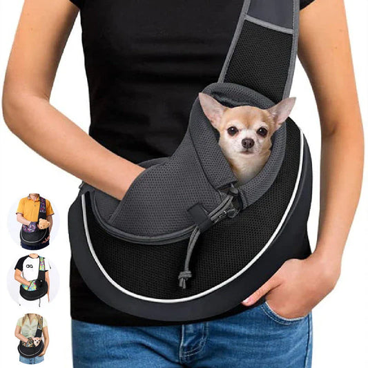 A stylish and secure crossbody bag designed to carry pets comfortably on the go, featuring adjustable drawstring closure and bottom zipper for easy access.