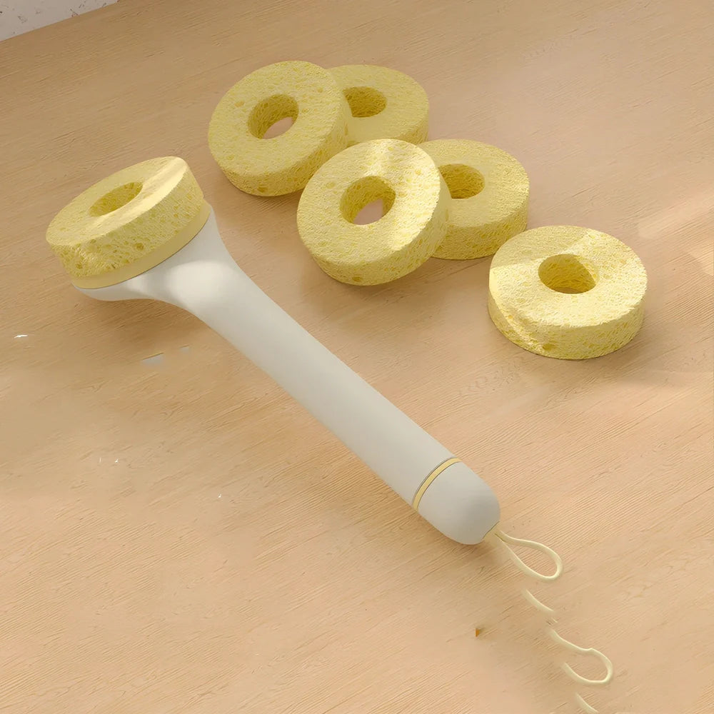Wood pulp sponge cleaning brush with PP handle, replaceable cotton heads, and integrated peeling knife for pots and dishes