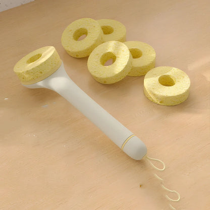 Wood pulp sponge cleaning brush with PP handle, replaceable cotton heads, and integrated peeling knife for pots and dishes
