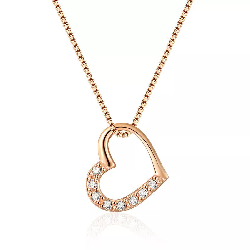 S925 Sterling Silver Love Heart Pendant Necklace in white gold and rose gold colors