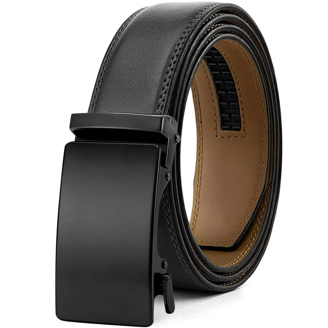Men's brown PU leather belt with an automatic alloy buckle on a textured background.