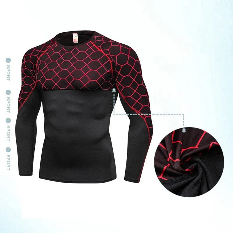 Men's compression athletic wear set with grid pattern, including long-sleeve top and fitted pants in various colors
