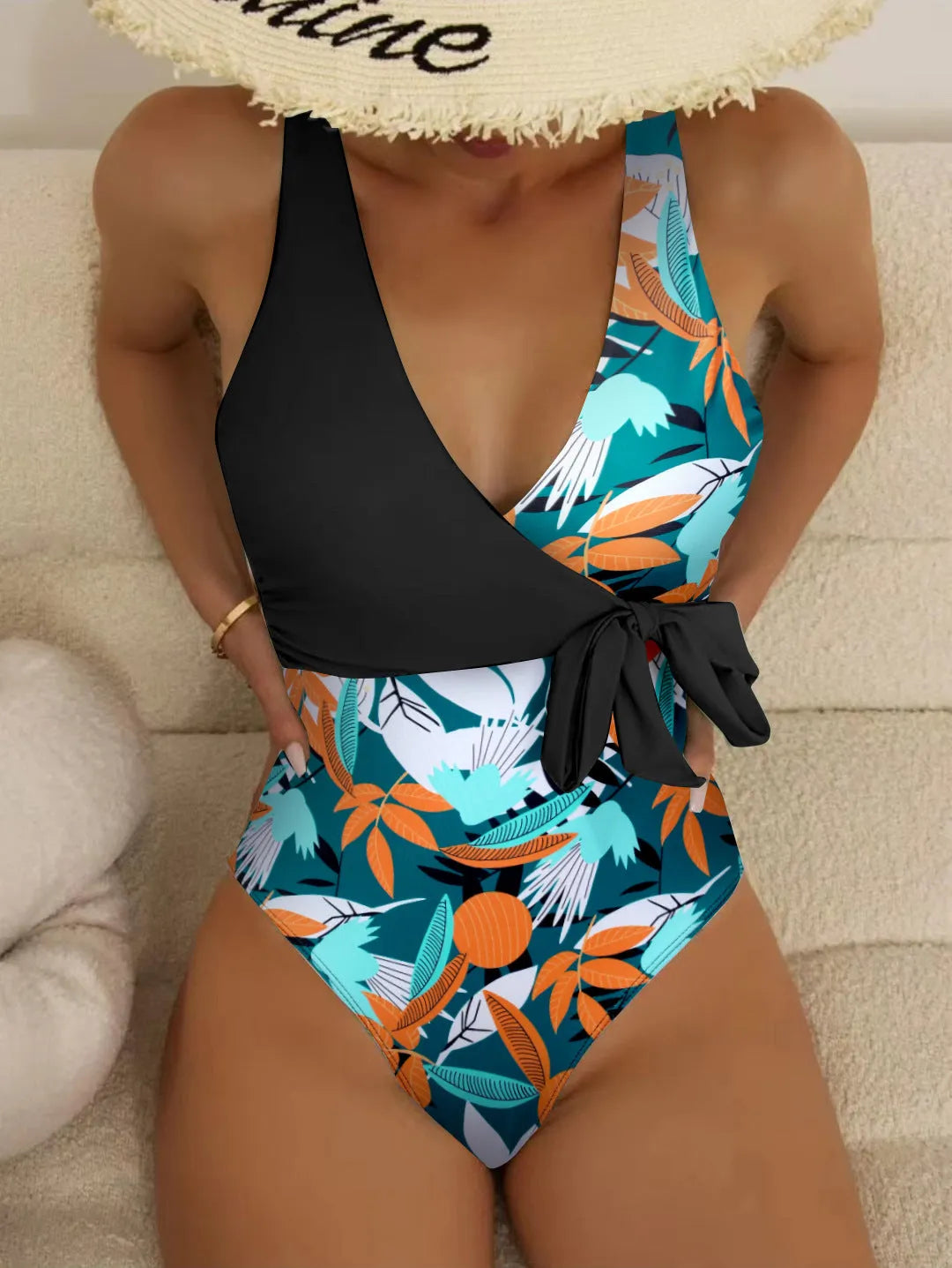 Women's high waist one-piece swimsuit in a printed pattern, showing front design.
