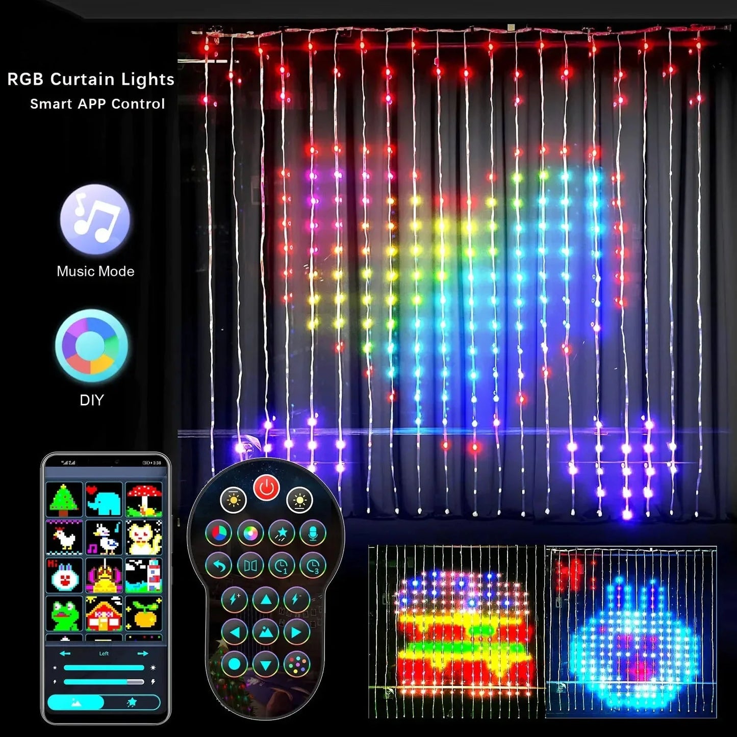 Smart LED RGB Curtain String Lights with Bluetooth control for vibrant home and party decor