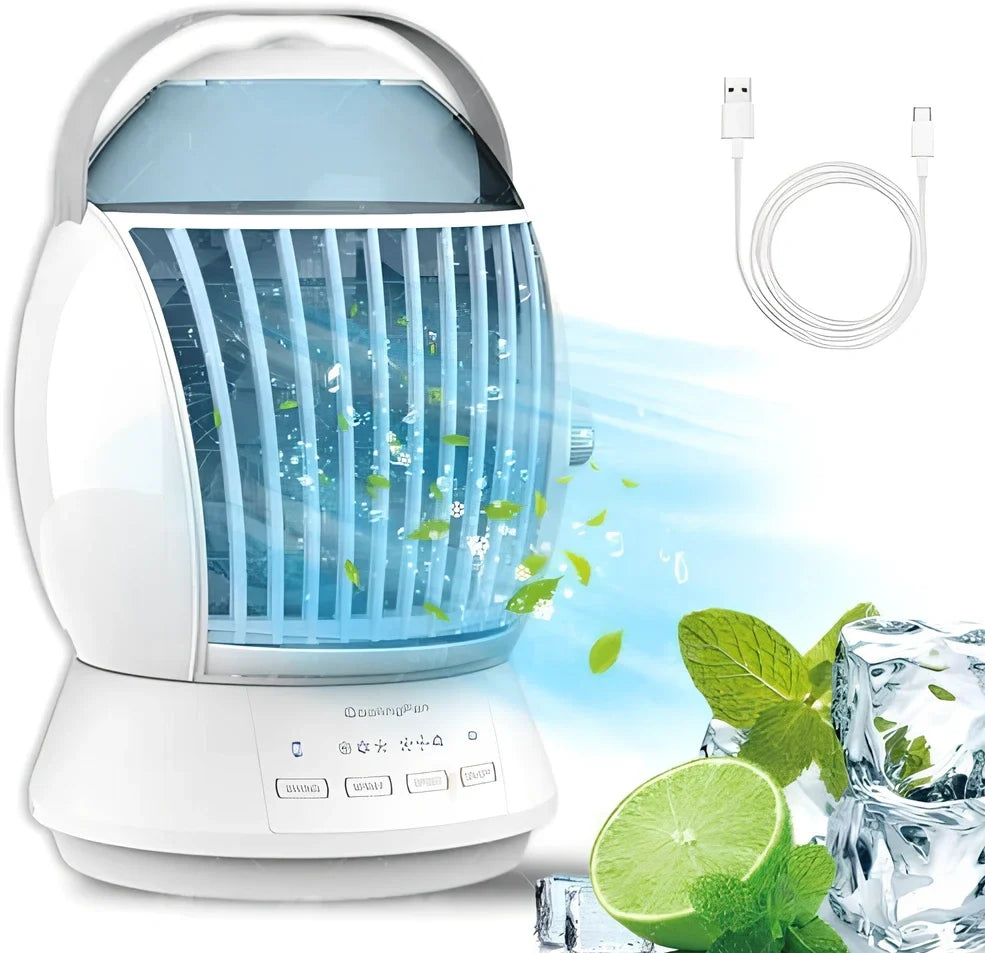 White USB desktop fog fan with water tank showing 45-degree swing function and manual adjustment controls