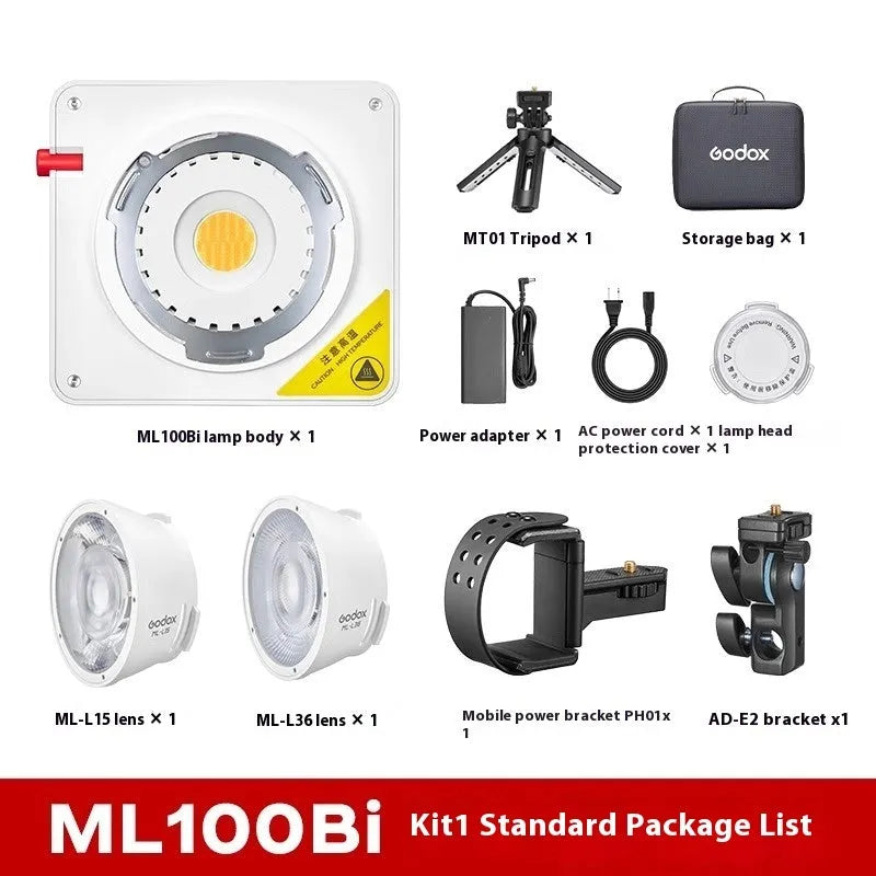 Shenniu ML100Bi 200W LED photography fill light with lenses, battery handle, and accessories on a studio table.