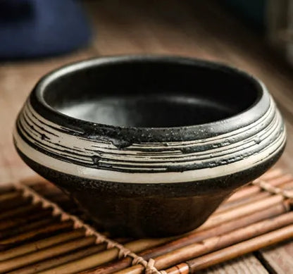 A tall porcelain soup bowl with a Japanese-inspired underglaze pattern, suitable for noodles and microwave use.