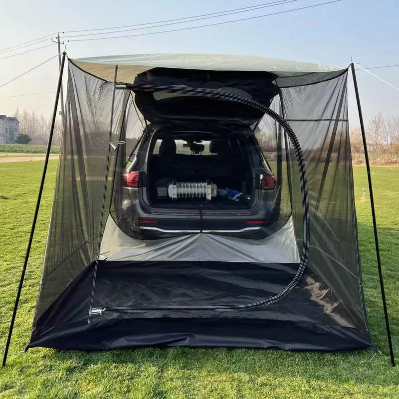 Outdoor car tail extension tent with rain-proof sunshade for camping and barbecues