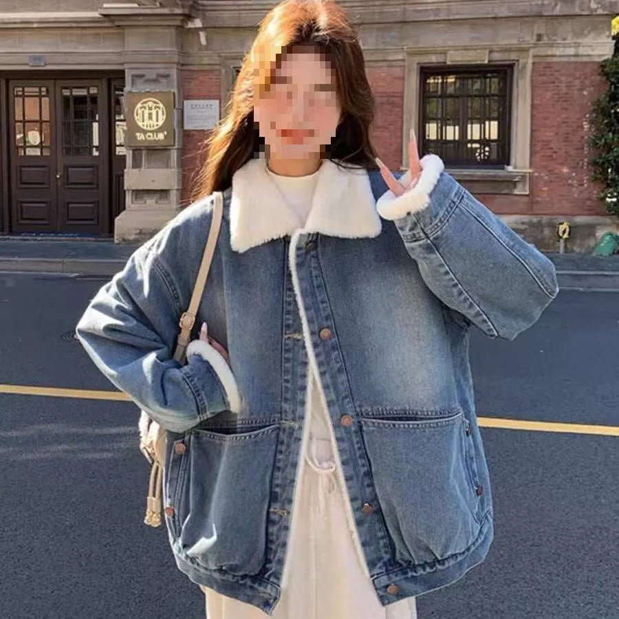 Loose salt-style sleeveless A-line jacket top for women in blue cotton with white fur trim, sizes S to XL