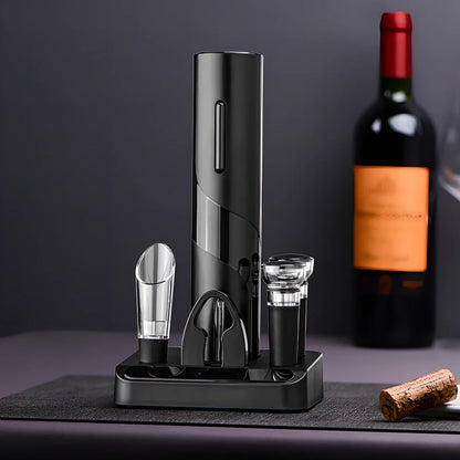 Black electric wine bottle opener set with decanter, foil cutter, and vacuum stoppers in storage base