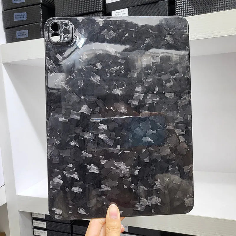Carbon fibre protective cover for iPad Pro 11 showing 3K matte fine hole texture and embossed plaid pattern