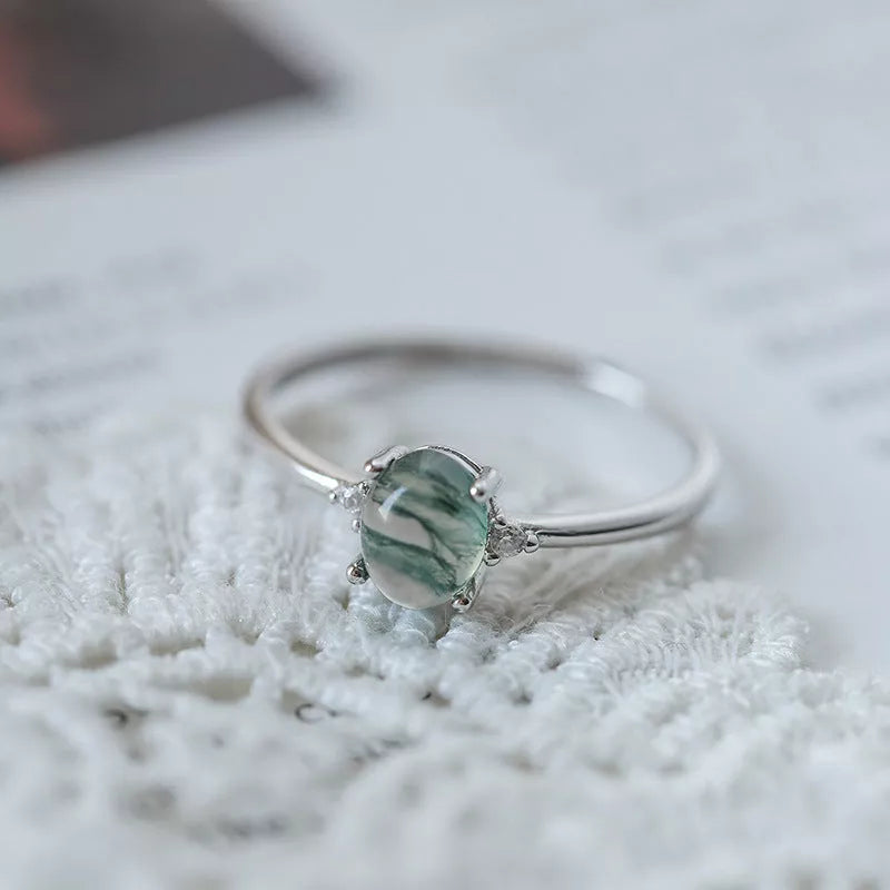 S925 Silver Green Moss Ring with adjustable opening and geometric design