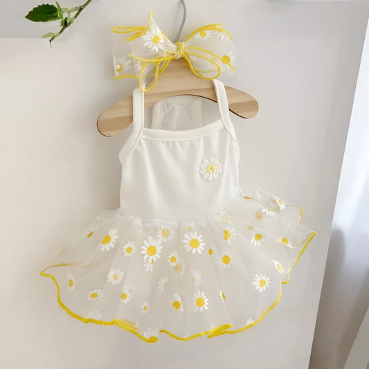 Yellow daisy patterned dog clothes made from thin polyester fabric for summer wear