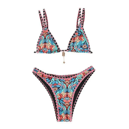 Retro printed women's bikini set in polyester fabric for swimming and wading sports