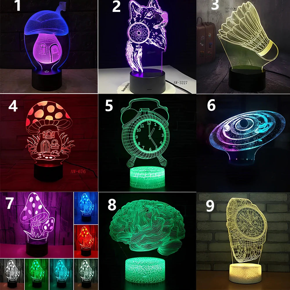 3D LED desk lamp with remote control showing 200x130mm dimensions and USB power cable