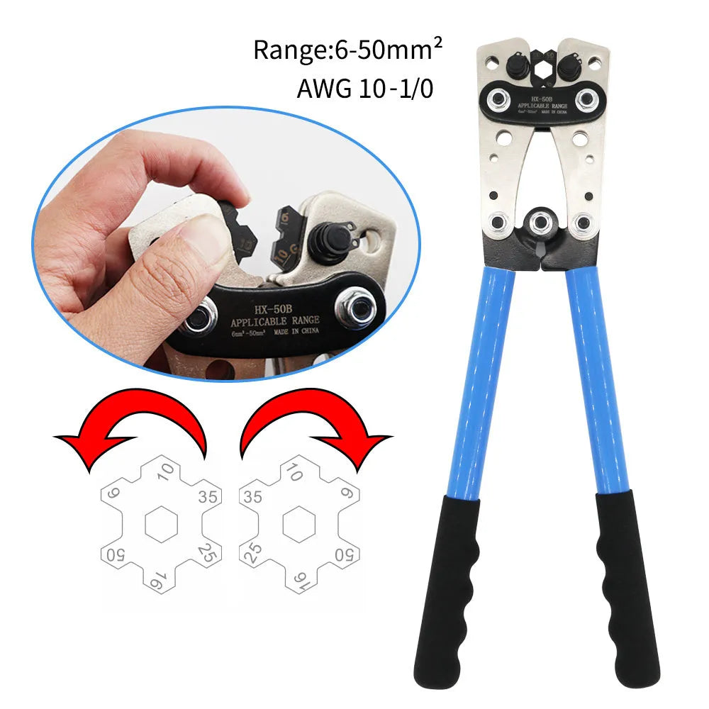 HX-50B crimping pliers with aluminium handle and integrated cable cutter for electrical terminal connections