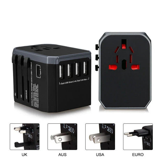 Universal USB Travel Adapter Charger with 4 USB Ports and 5600mAh Battery for Simultaneous Fast Charging in over 150 Countries