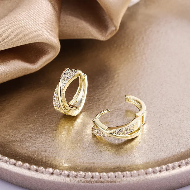 Geometric copper earrings with zircon detailing and 14K yellow gold finish