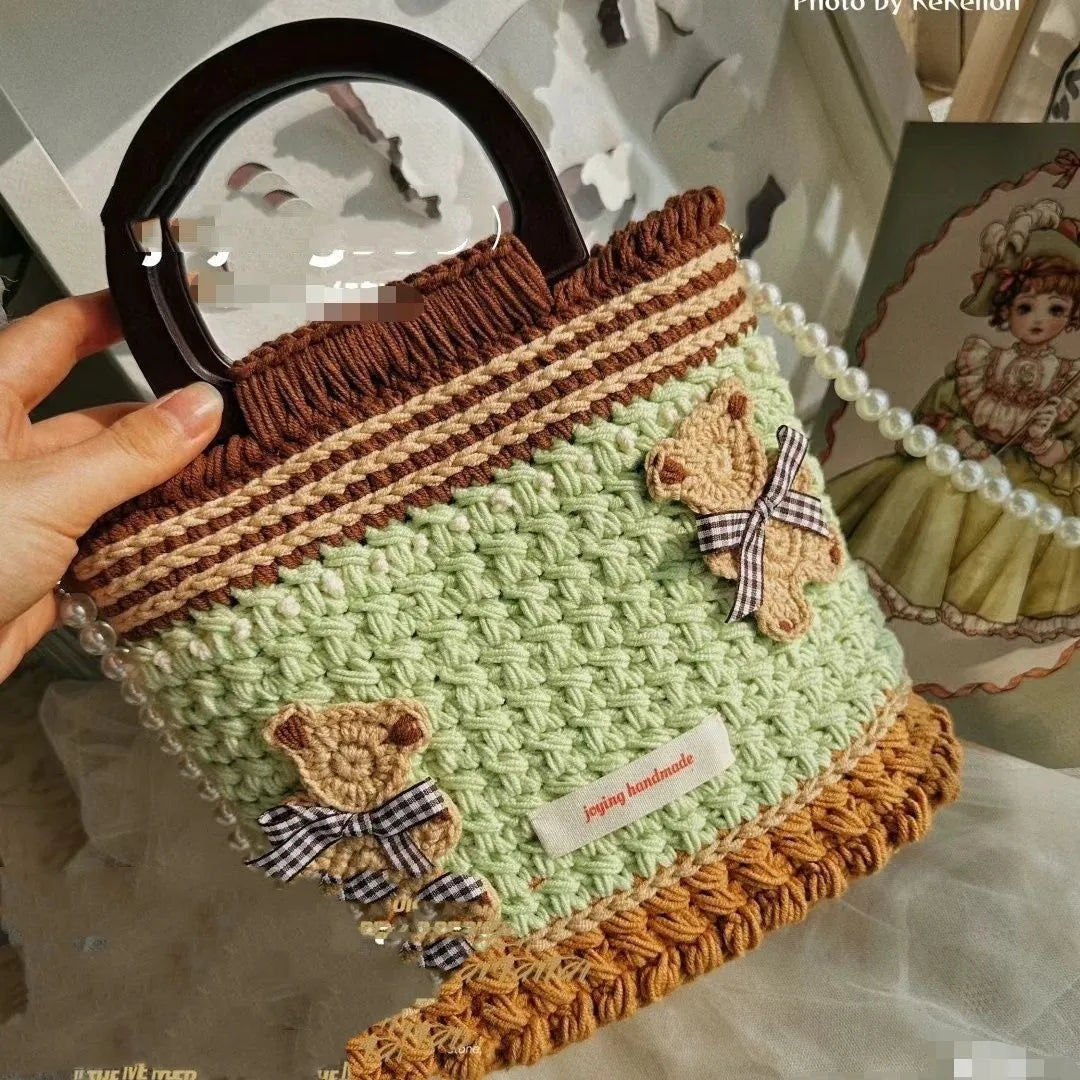 Wool crocheted bear design cloth shoulder bag with wooden handle