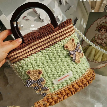 Wool crocheted bear design cloth shoulder bag with wooden handle