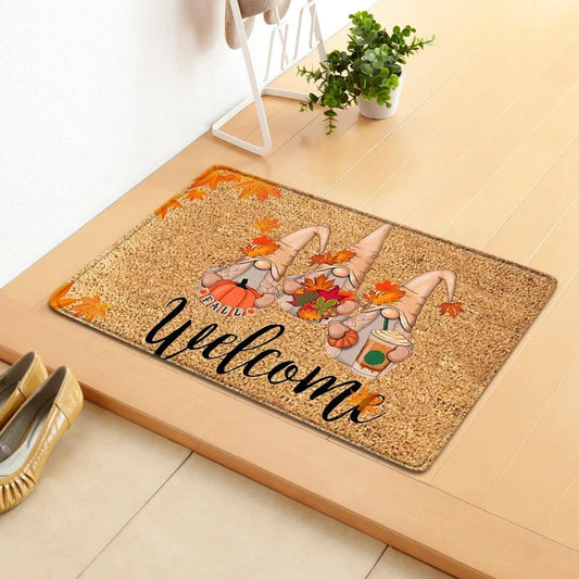 Thanksgiving pumpkin doormat measuring 40x60cm with autumn leaf design in polyester construction