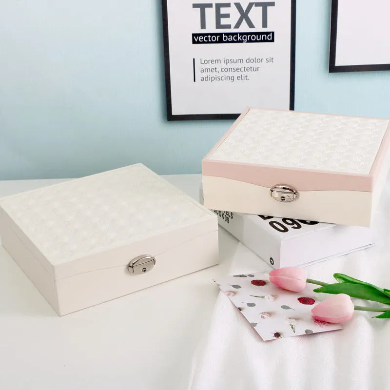 Red or white PU jewellery storage box with multiple compartments for necklaces and rings