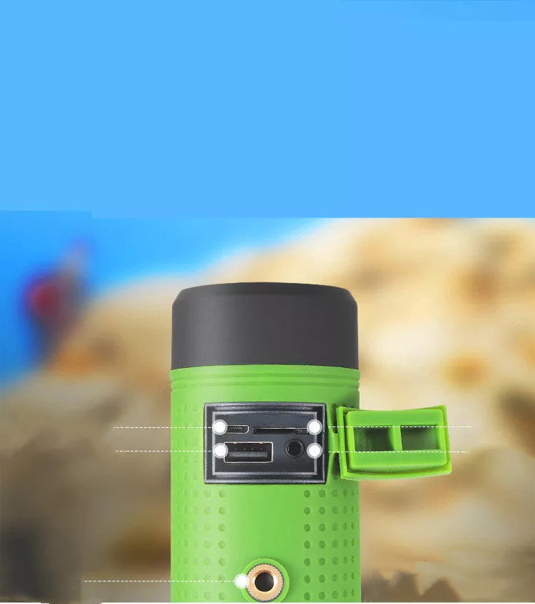 Mini bicycle outdoor Bluetooth speaker with flashlight and FM radio in blue, green, or grey