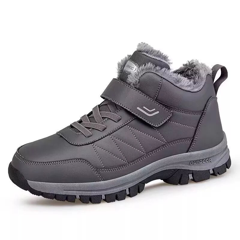 Men's high-top fleece-lined winter hiking shoes in black, gray, and red