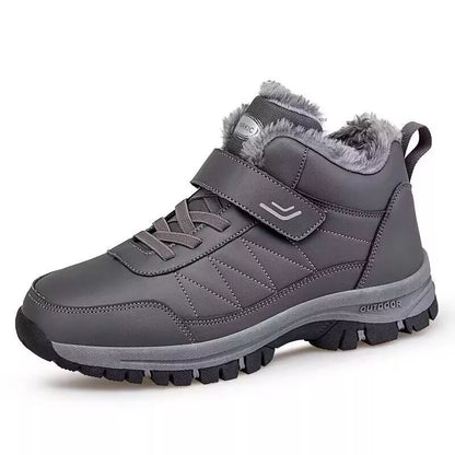Men's high-top fleece-lined winter hiking shoes in black, gray, and red