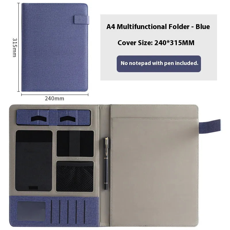 Leather A4 business folder showing 35mm thickness and 325x250mm dimensions with optional pen and notepad accessories