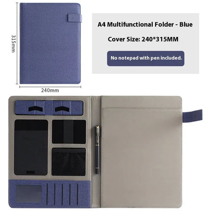 Leather A4 business folder showing 35mm thickness and 325x250mm dimensions with optional pen and notepad accessories