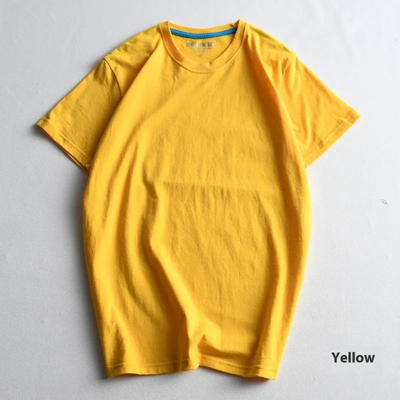 Men's solid colour cotton round neck T-shirt on a hanger, short sleeve casual style.