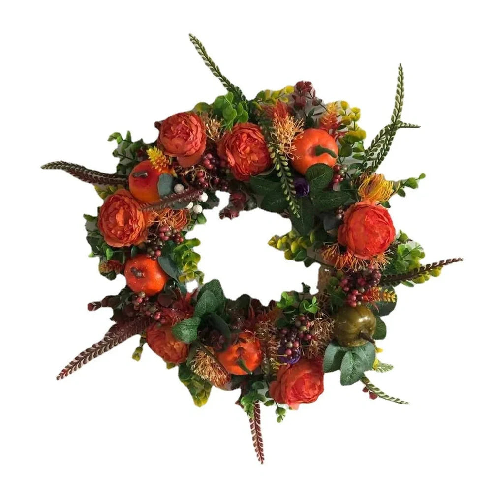 Plastic autumn peony Halloween wreath measuring 40x40cm with harvest-themed design