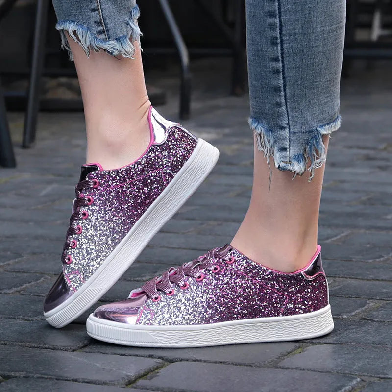 Women's colourful sequin casual low-top shoes in black, pink, and gold colours with lace-up front