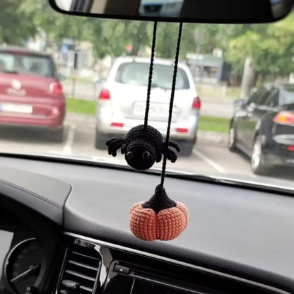 Soft, hand-woven plush car hanging ornament in a cartoon character design.