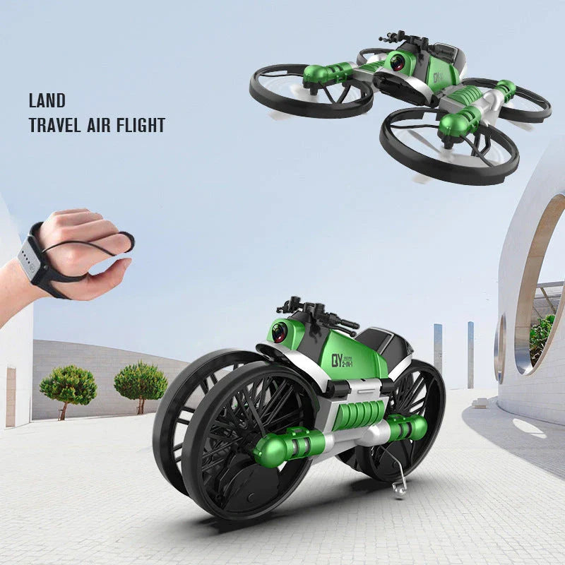Foldable 2-in-1 Drone Motorcycle with camera, folding design, and motorcycle wheels for versatile air and ground transportation