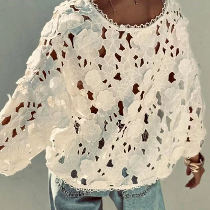 Polyester lace cardigan with three-dimensional floral decoration, V-neck, and long sleeves in loose street fashion fit
