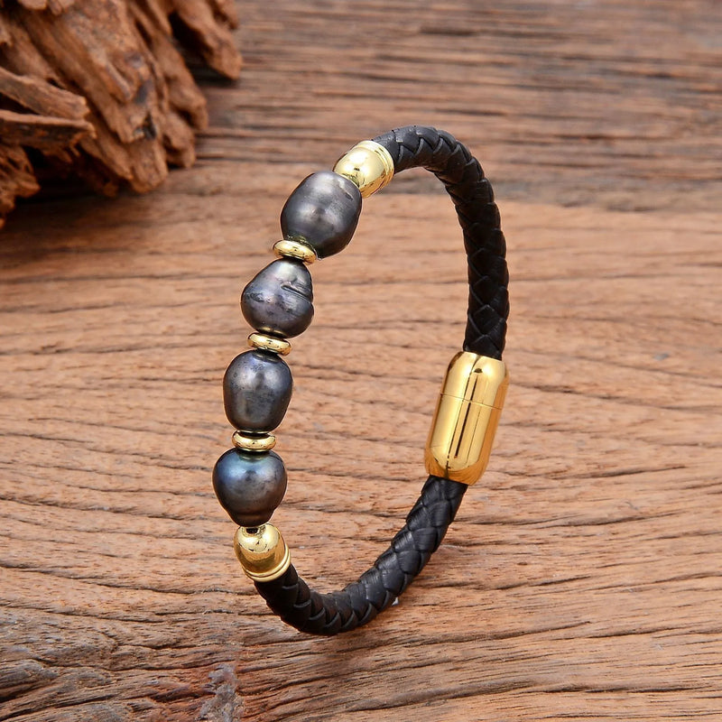 Irregular shape pearl bracelet unisex Korean style leather handmade jewellery accessory with natural pearls in six colour combinations including white pearl-gold and grey pearl-black