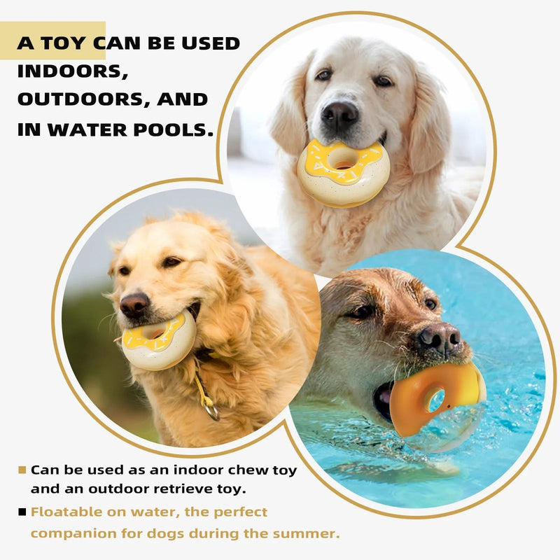Molar teeth cleaning sound donut dog toy for dental hygiene and canine chewers, made from TPR material, weighs 206g with gross weight of 230g, available in pink, chocolate, and yellow colours.