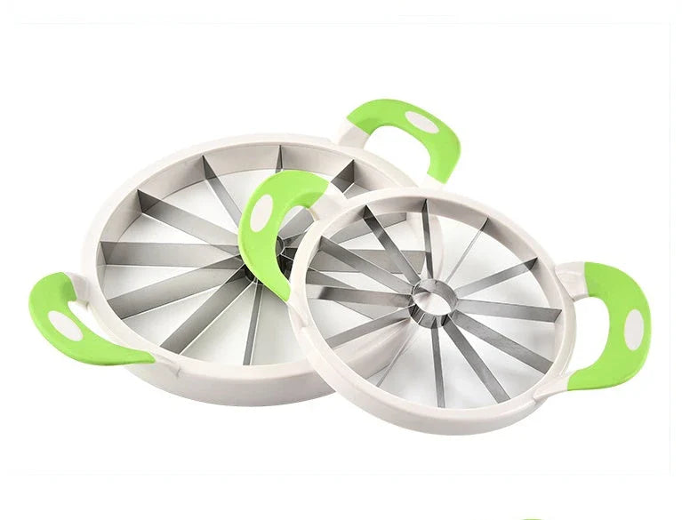Premium stainless steel watermelon slicer with non-slip handles for easy, effortless cutting and slicing of watermelons up to 8.1 inches in diameter