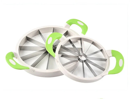 Premium stainless steel watermelon slicer with non-slip handles for easy, effortless cutting and slicing of watermelons up to 8.1 inches in diameter
