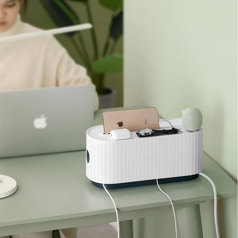 Cloud Power Storage Box in blue, organizing cables and power strips with dust protection