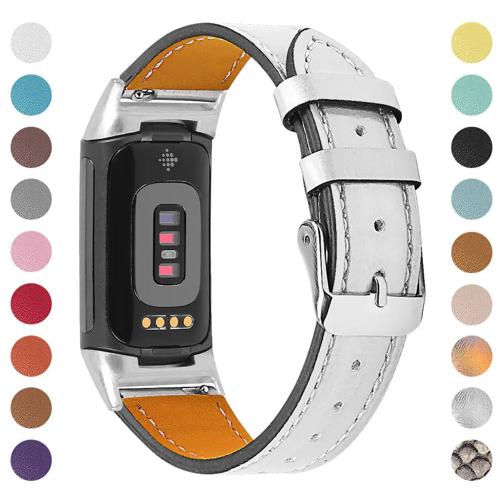 Genuine leather strap for Fitbit charge5 and charge6 in selected colour with adjustable buckle showing 5.5-8.1 inch length