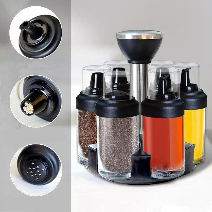 Glass rotating seasoning box set with anti-leakage design on kitchen counter