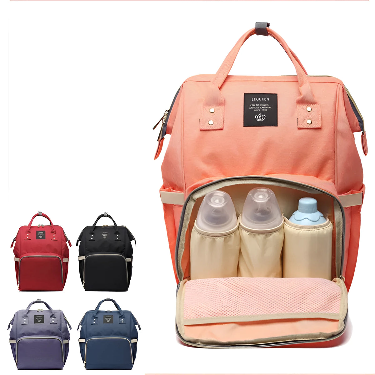 Oxford maternity nappy bag with 16-20L capacity, anti-theft design, bottle area, and multiple colour options